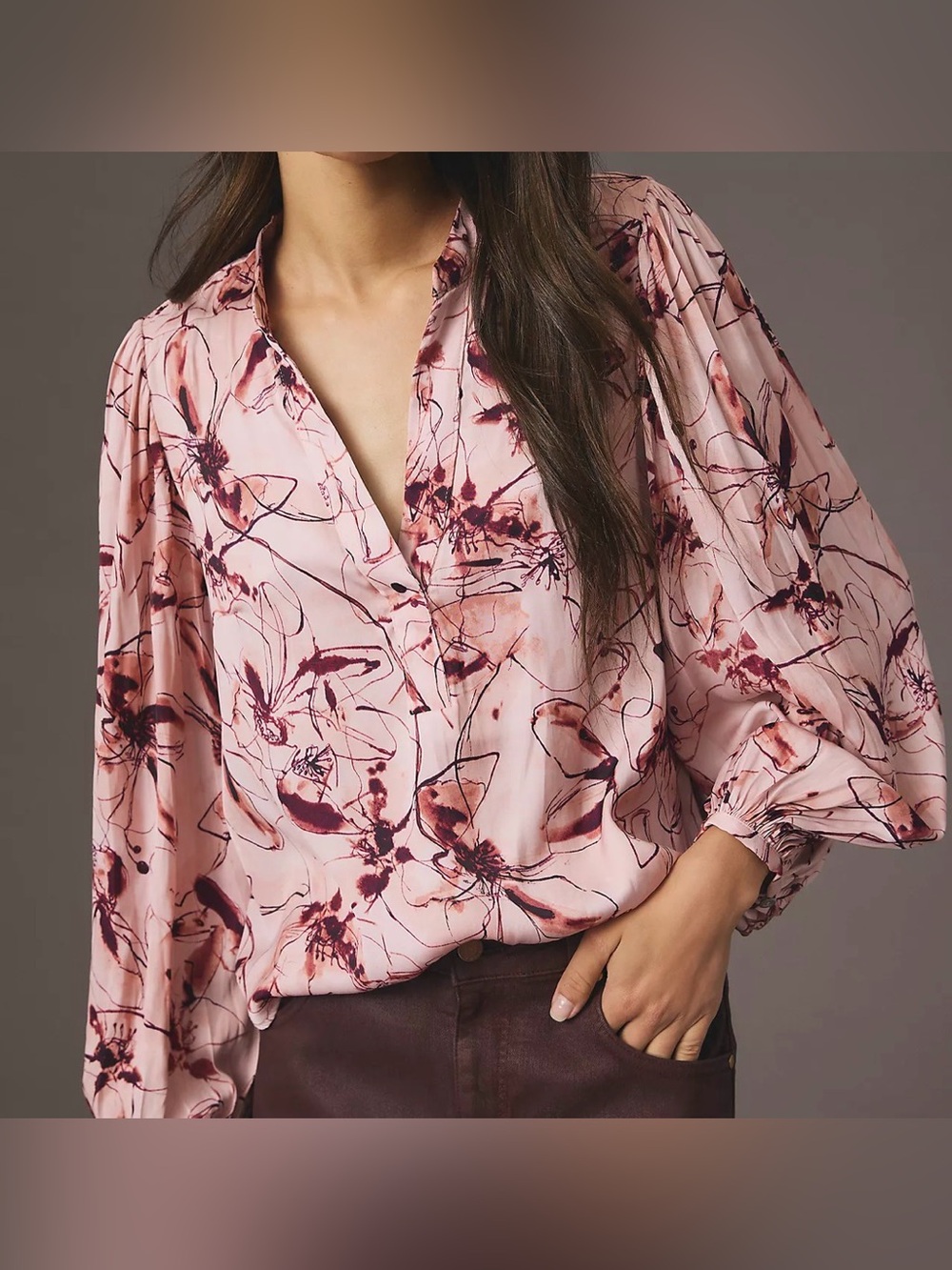 By Anthropologie Pink Watercolor Floral Pleated Sleeve Henley Blouse L Petite